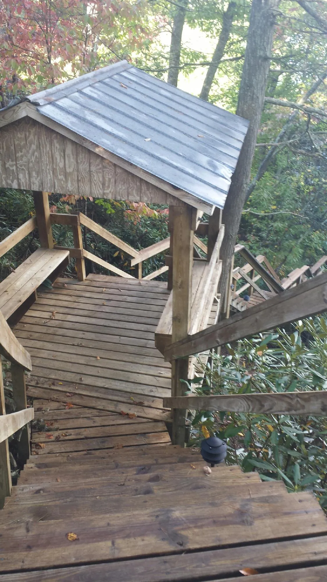 Metal roofed shelter over wooden steps on a wooded walkway — Skylight Repair & Installation work by our crew in Speed
